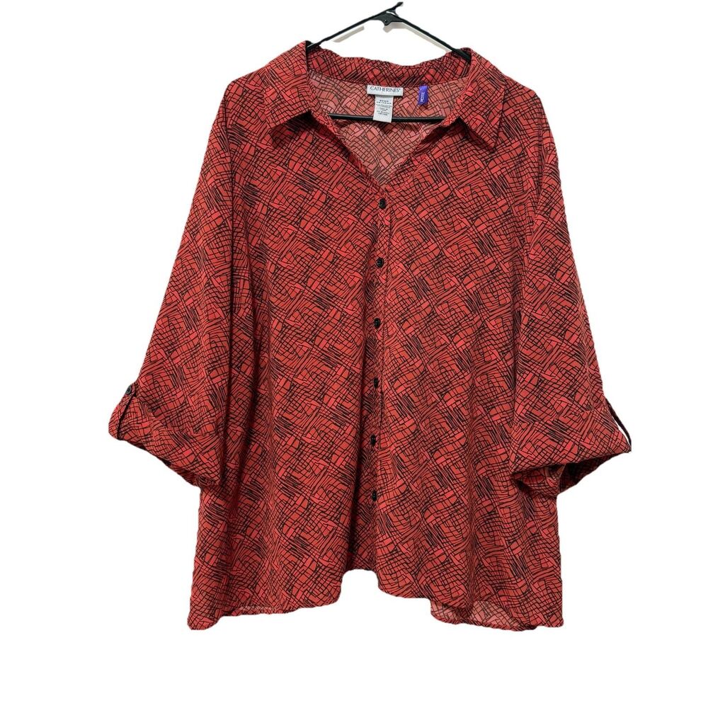 Catherines Sz 3XP 26/28WP Orange Black Geometric 3/4 Sleeve Button Up Top